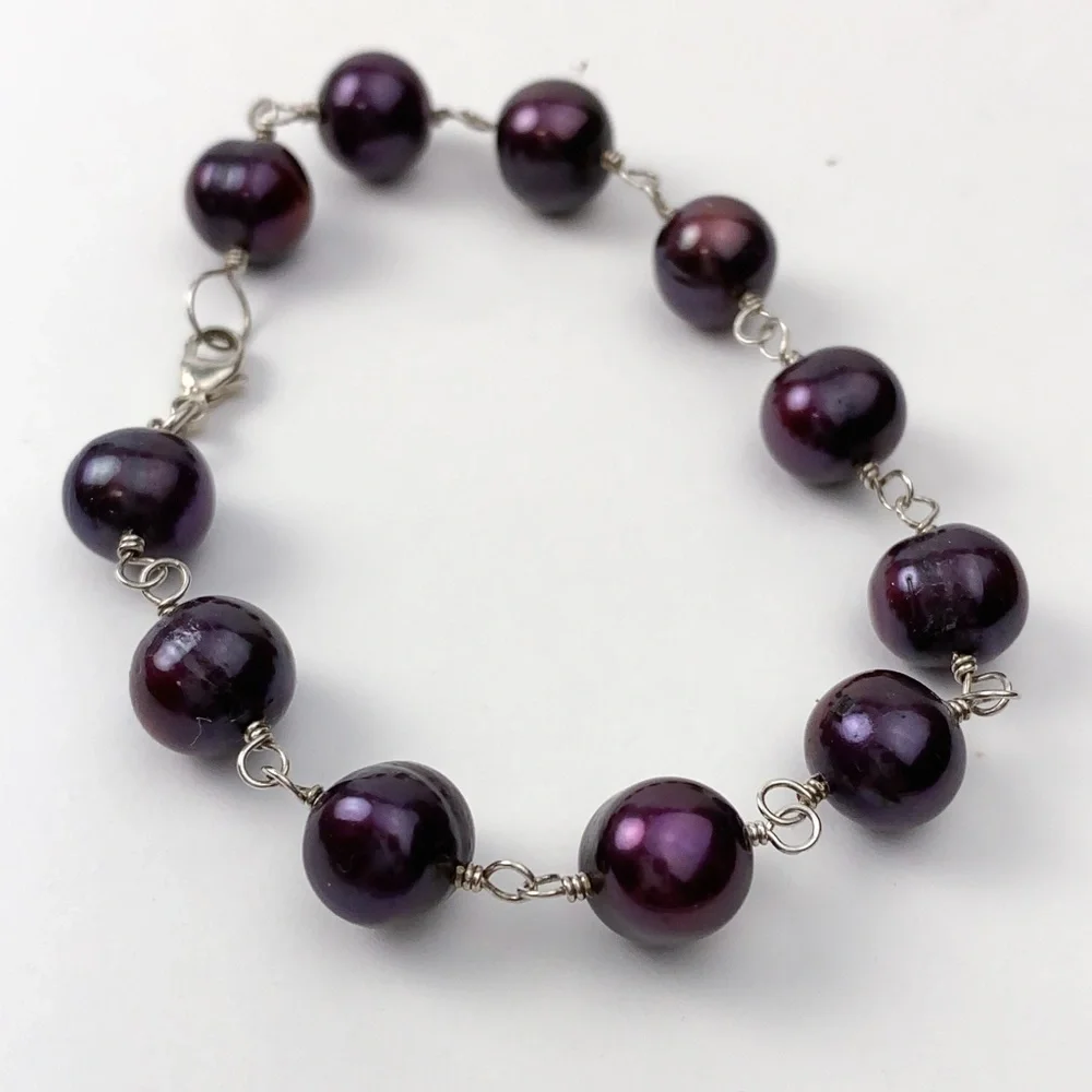 Freshwater Pearls Sterling Bracelet 925 Silver Handcrafted 9-10mm Purple Plum